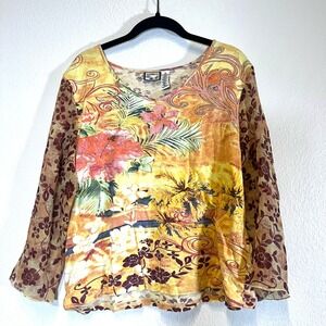Y2K VTG Caribbean Joe Floral Print Top Sheer Sleeve‎ V Neck Blouse Plus Size 1X